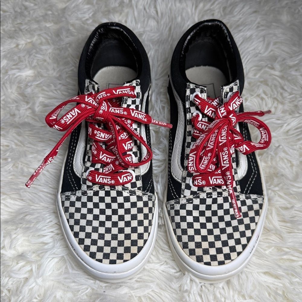 Kids Vans Old Skool Black/white/red Checkerboard with Red Laces - Picture 1 of 5